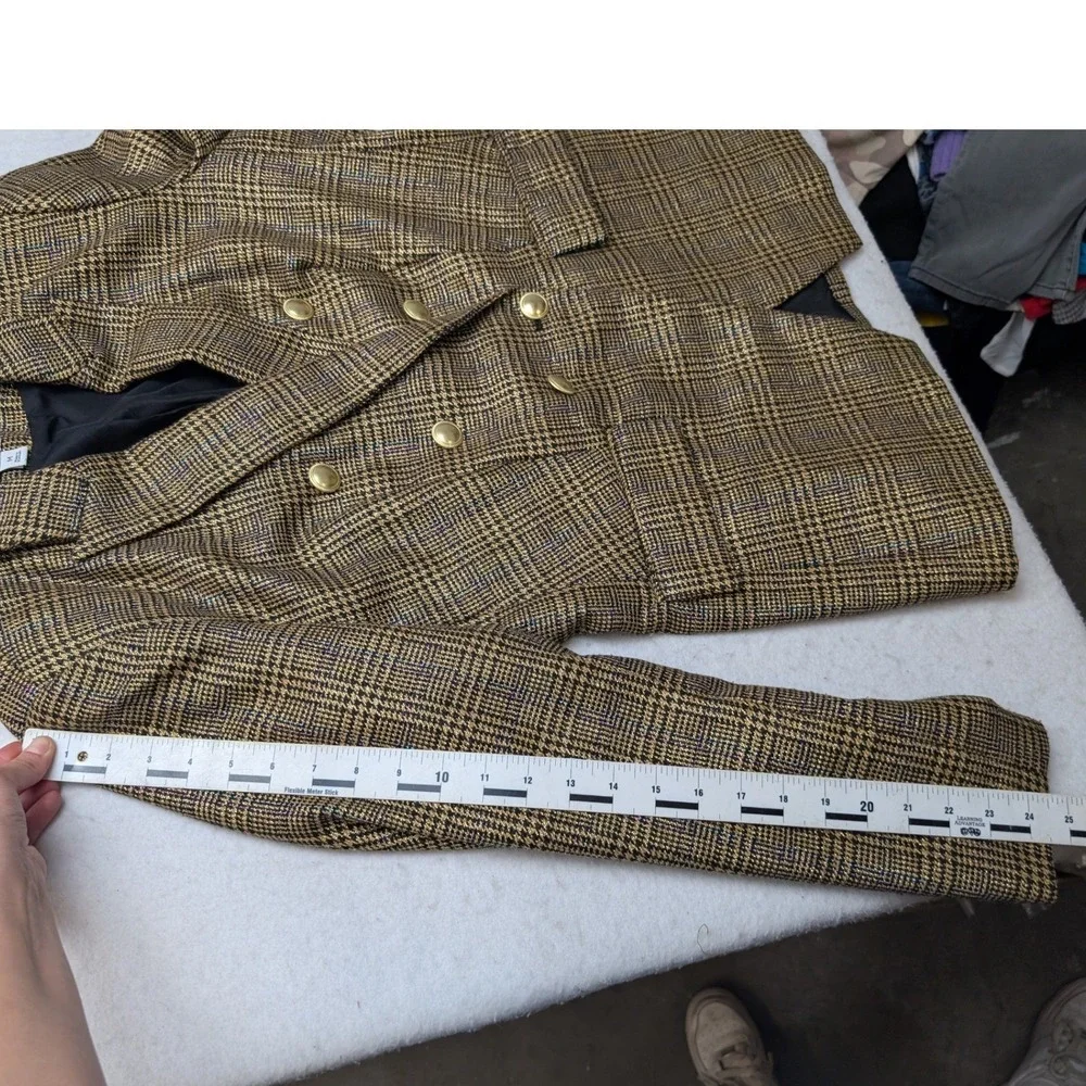Nine West Blazer Womens Medium Brown Glen Plaid Double Breasted Metallic Gold